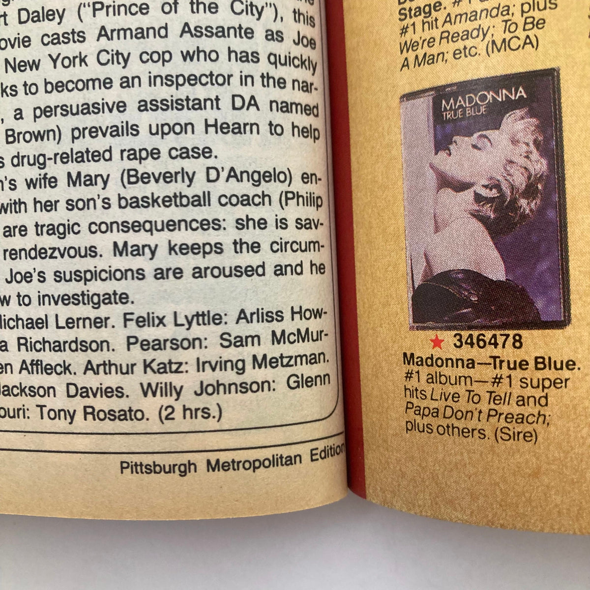 Inside page of TV Guide Magazine May 9 1987 with a feature on Madonna's album 'True Blue'. This page showcases notable television and music highlights from the 1980s.