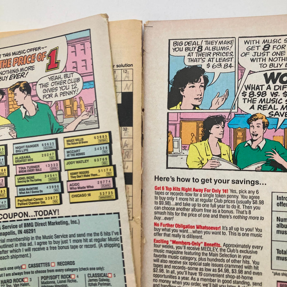 Promotional page in TV Guide Magazine June 27 1987, featuring music offers and album deals. Highlights the advantages of music subscriptions with a focus on cost savings.