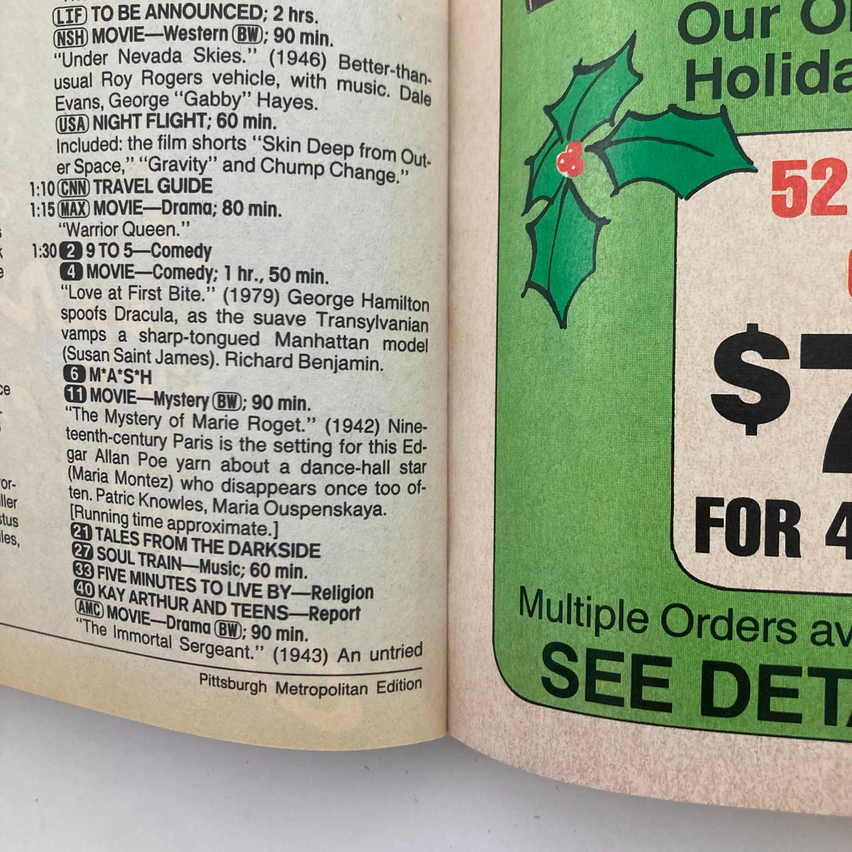 Inside page of the TV Guide Magazine from November 14 1987, showcasing the Pittsburgh Metropolitan Edition's programming schedule.