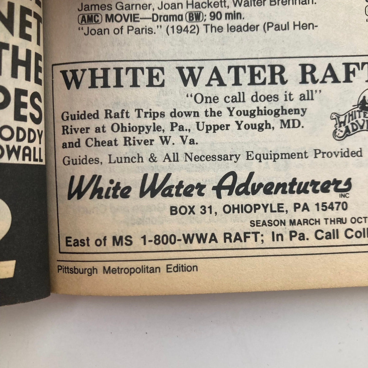 Advertisement for White Water Adventurers from the May 30, 1987 issue of TV Guide Magazine, showcasing guided raft trips in Ohiopyle, PA.