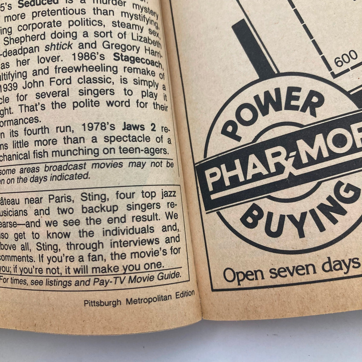 Inside page of the Pittsburgh Metropolitan Edition of TV Guide Magazine, April 11, 1987, displaying an advertisement with TV listings and a brief description of movie broadcasts including 'Jaws 2'.