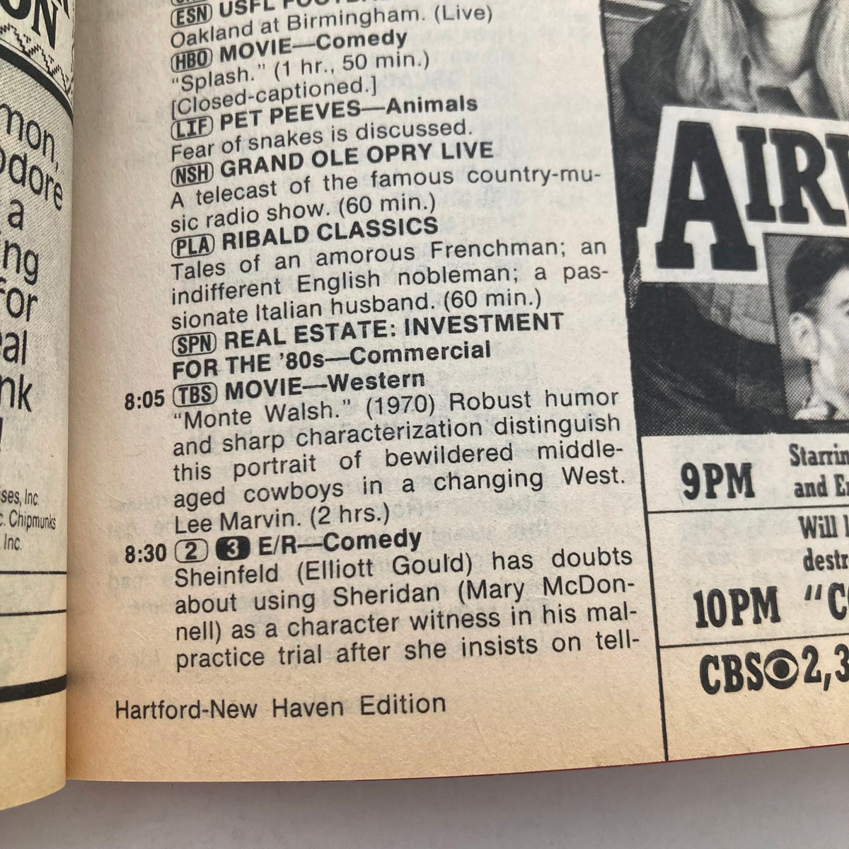 Inside page of TV Guide Magazine April 13 1985 showcasing television listings including a Western movie 'Monte Walsh' and a comedy 'Sheinfeld' for the Hartford-New Haven edition.