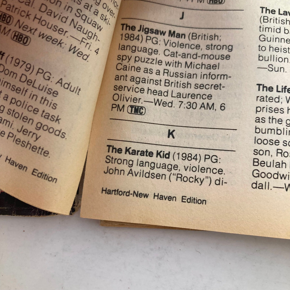 Inside page of the TV Guide Magazine from October 26, 1985, showing a listing for 'The Karate Kid' and 'The Jigsaw Man' along with scheduling information. This page is part of the Hartford-New Haven Edition.