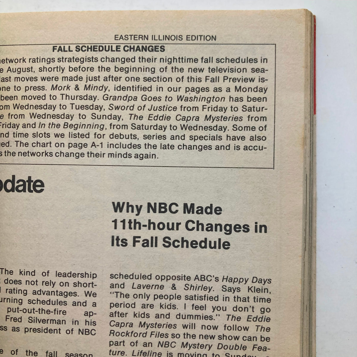 Inside page of TV Guide Magazine September 9 1978 Fall Preview Special Eastern IL Edition discussing network fall schedule changes and updates.