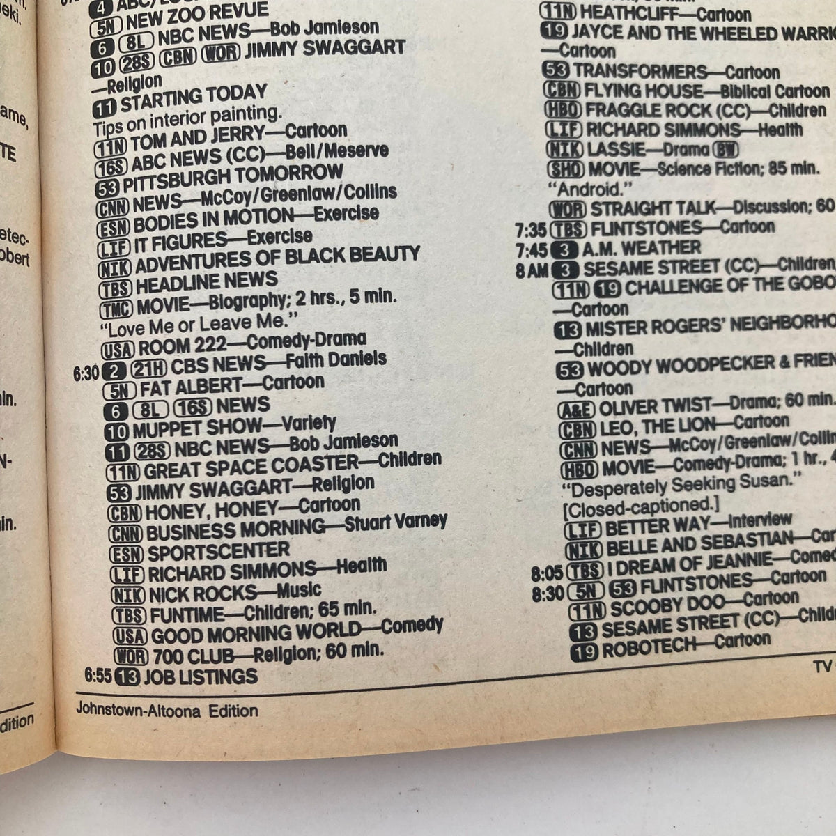 Interior page of TV Guide Magazine March 29 1986, featuring television show listings for the Johnstown-Altoona edition, highlighting various programs and their scheduled times.