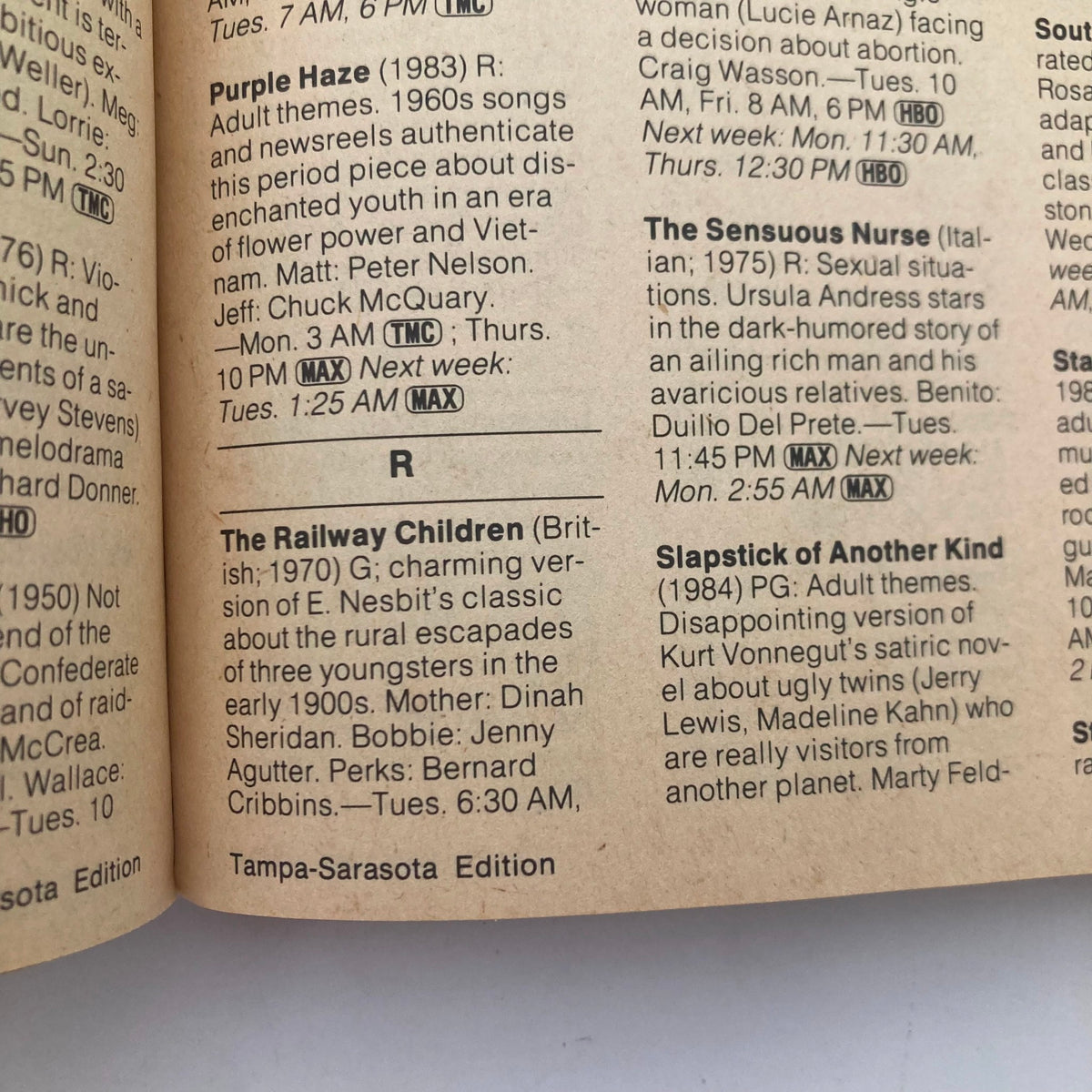 TV Guide Magazine February 9 1985, Tampa-Sarasota Edition, showcasing television listings and program descriptions for the week, including movies and shows like 'The Railway Children' and 'Purple Haze'.