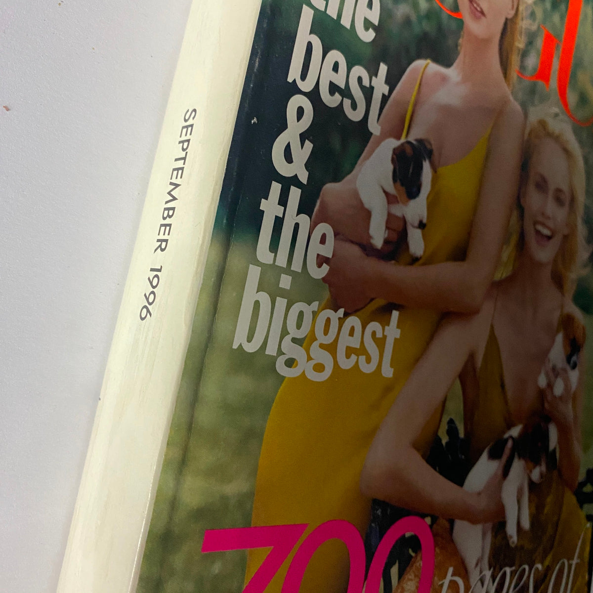 Close-up of the spine of Vogue Magazine September 1996, labeled with the date 'September 1996' alongside the cover text 'the best & the biggest'.