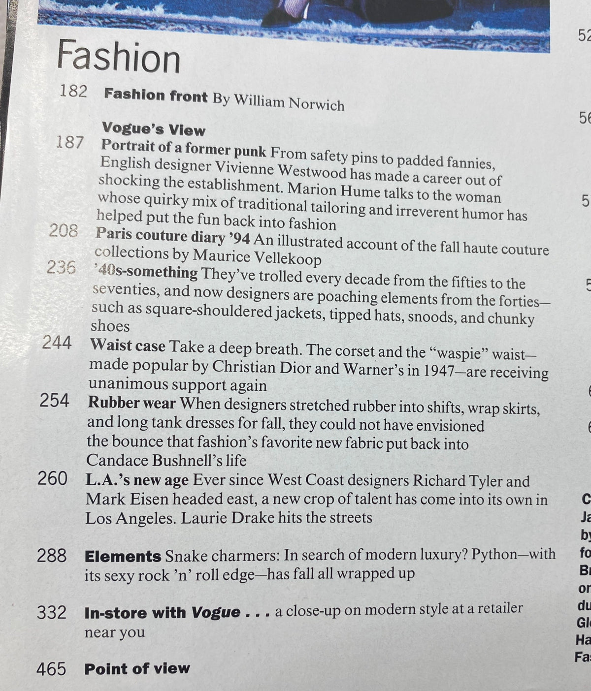 Table of contents from Vogue Magazine September 1994 featuring details on fashion articles, including Vivienne Westwood's punk influence and Paris couture highlights.