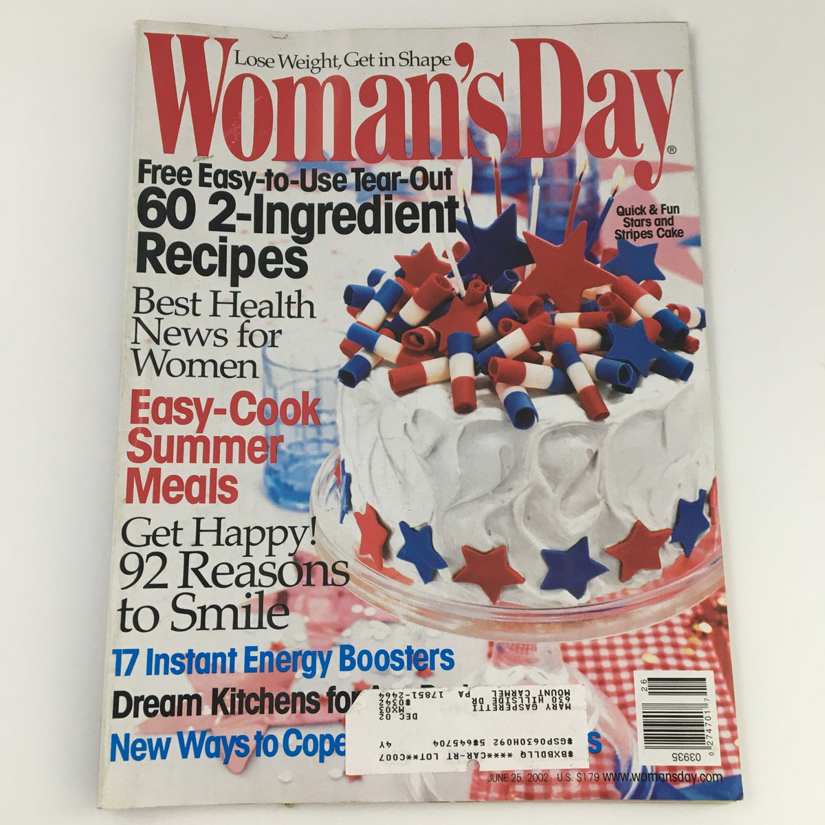 Cover of Woman's Day Magazine June 25, 2002 featuring Easy-Cook Summer Meals recipes, colorful cake with patriotic decorations, and teasers for healthy recipes and kitchen tips.