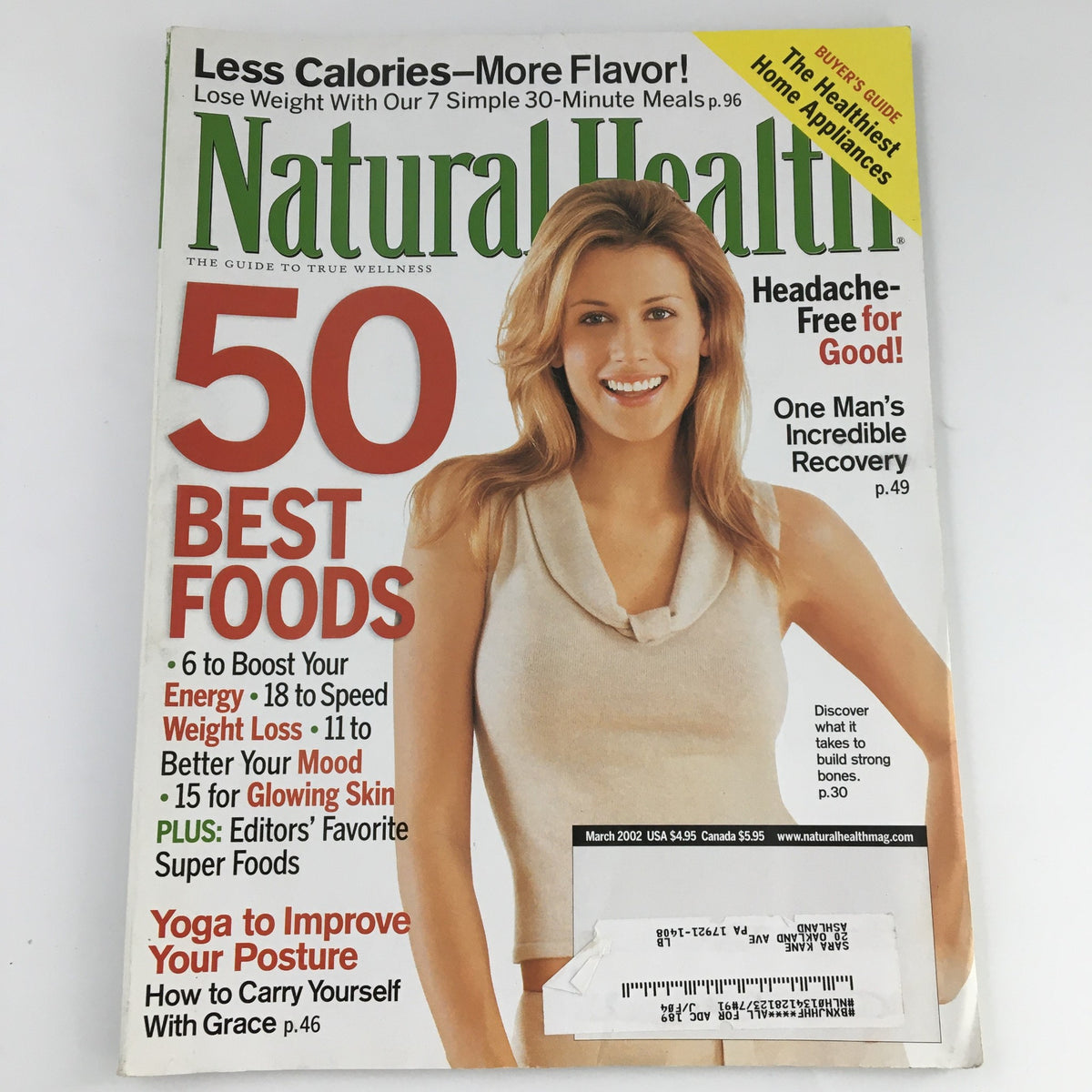 Cover of Natural Health Magazine March 2002 featuring '50 Best Foods' article, promoting healthy living and low-calorie meal options.