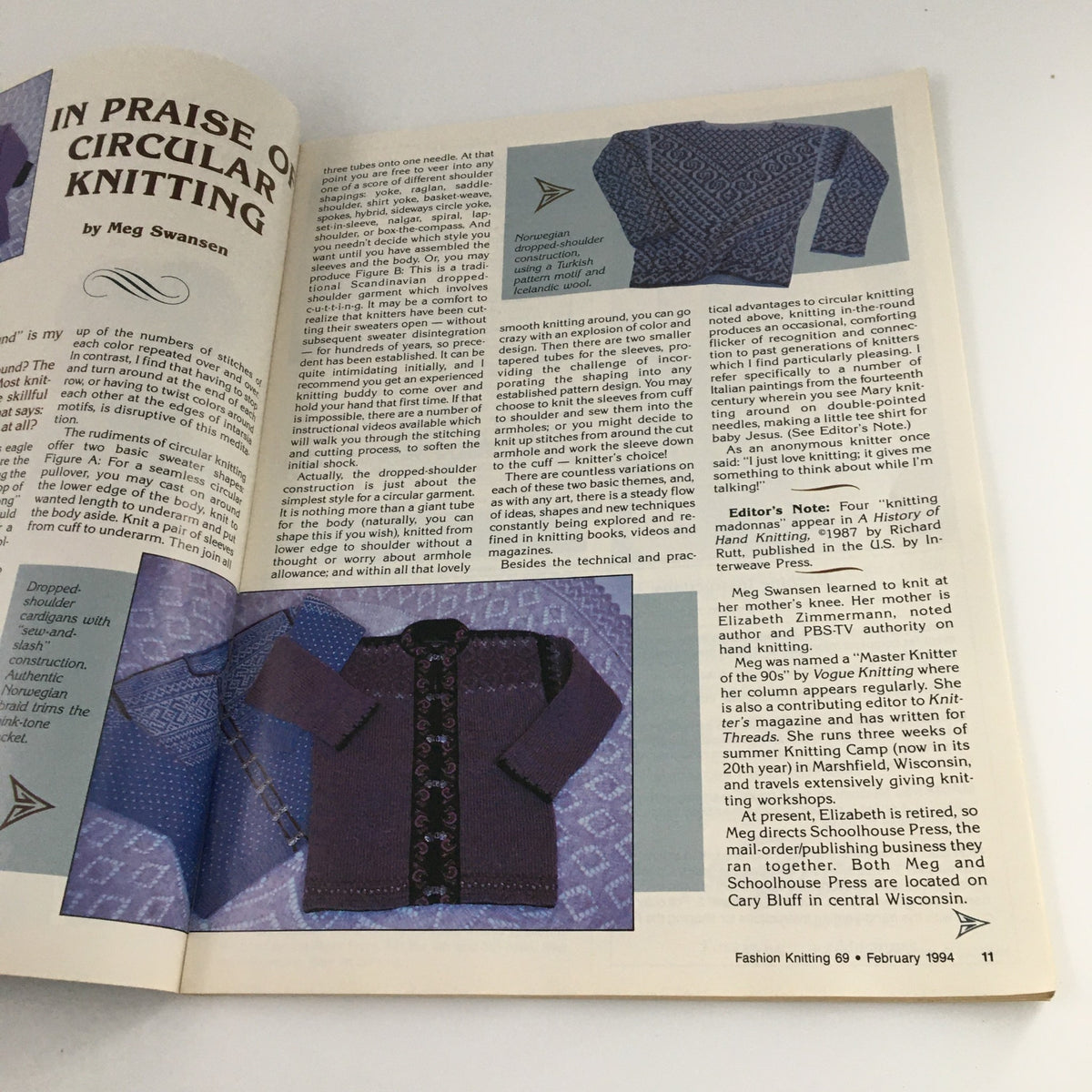 Interior page from Fashion Knitting Magazine February 1994 #69 authored by Meg Swansen, discussing the advantages of circular knitting with patterns and techniques for knitters.