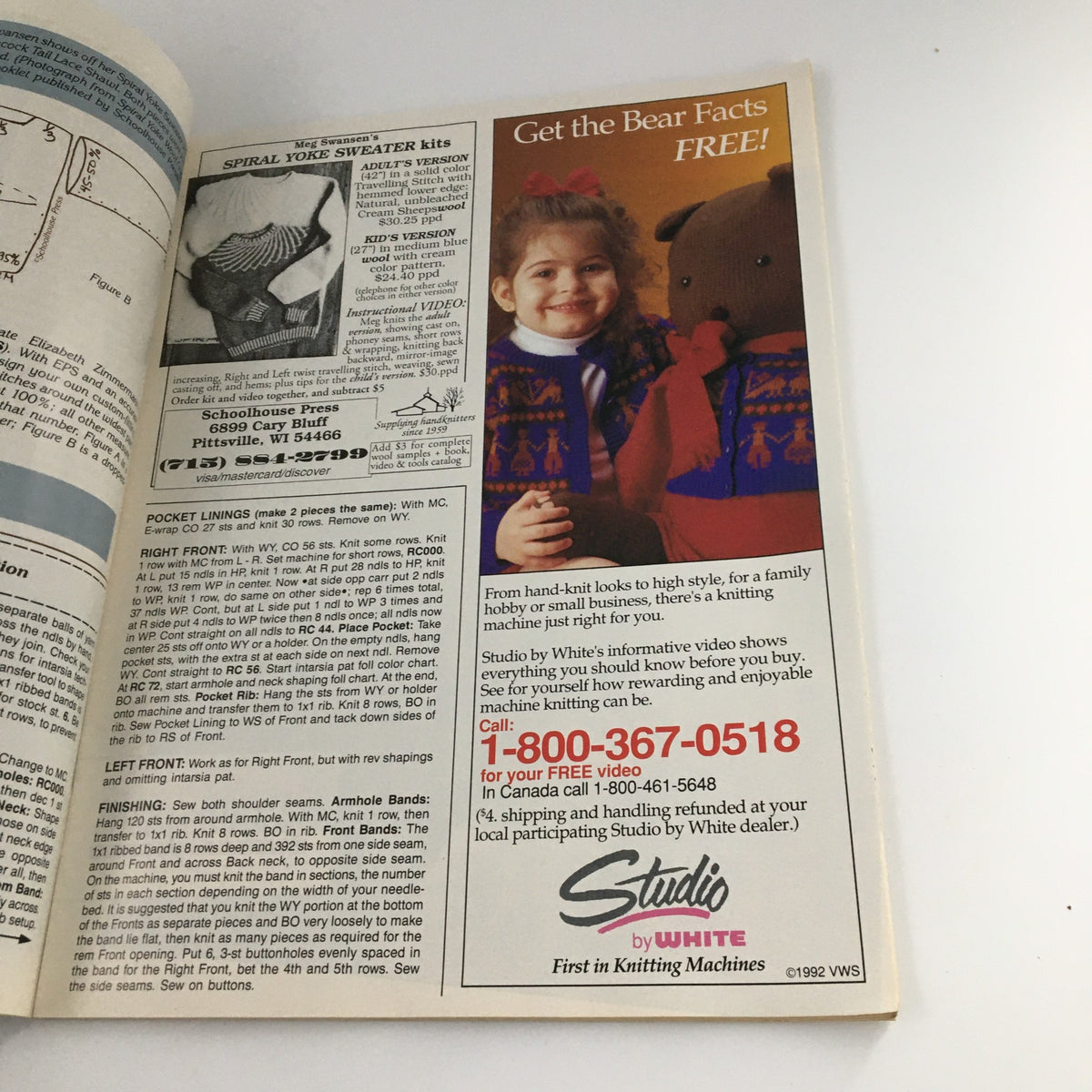 Advertisement page in Fashion Knitting Magazine February 1994 #69 promoting Meg Swansen's Spiral Yoke Sweater kits, highlighting knitting machine options and creative styles.