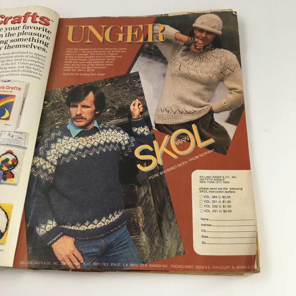 Interior page of McCall's Needlework & Crafts Magazine February 1983 highlighting UNGER yarn designs with models wearing knitwear.
