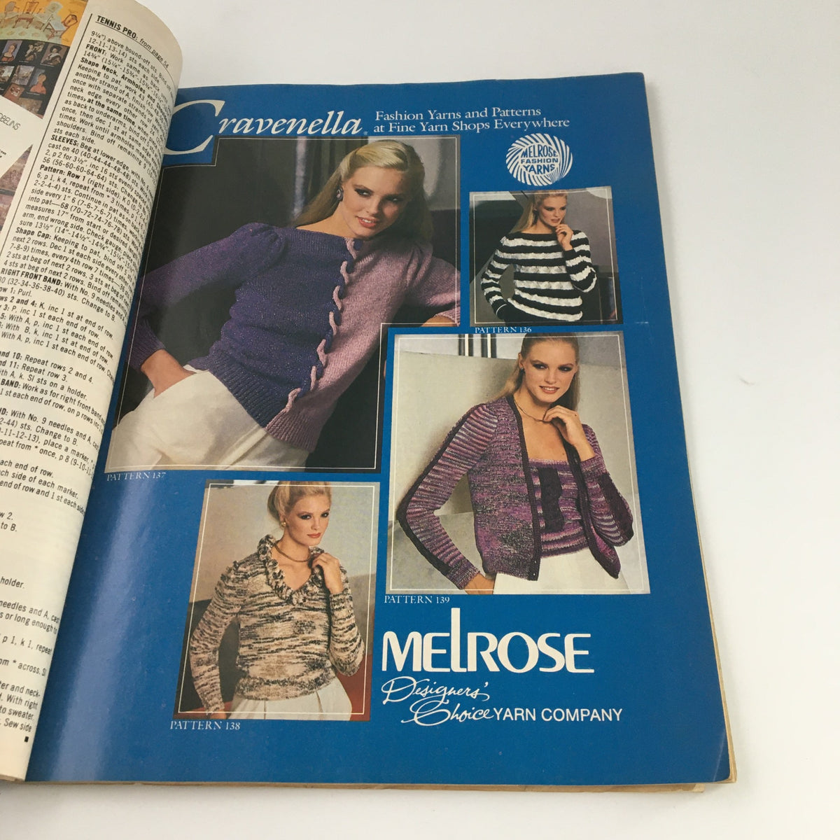 McCall's Needlework & Crafts Magazine February 1983 features a model displaying knitted Fashion Yarns and Patterns, highlighting multiple sweater designs from Melrose.