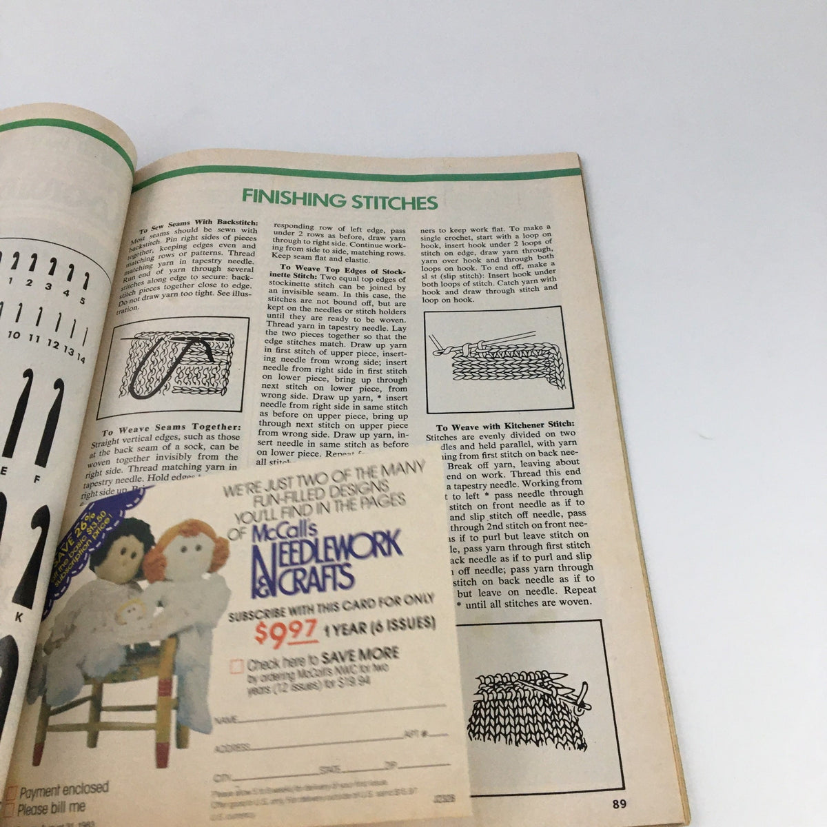 McCall's Needlework & Crafts Magazine February 1983 provides a guide on finishing stitches, complete with illustrative graphics for knitting techniques.