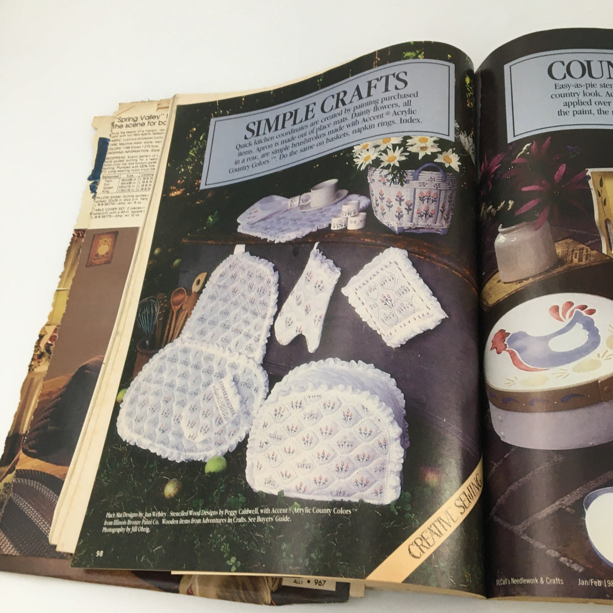 Page from McCall's Needlework & Crafts Magazine February 1983 showing simple craft ideas, featuring crochet items, table linens, and decorative sewing projects.