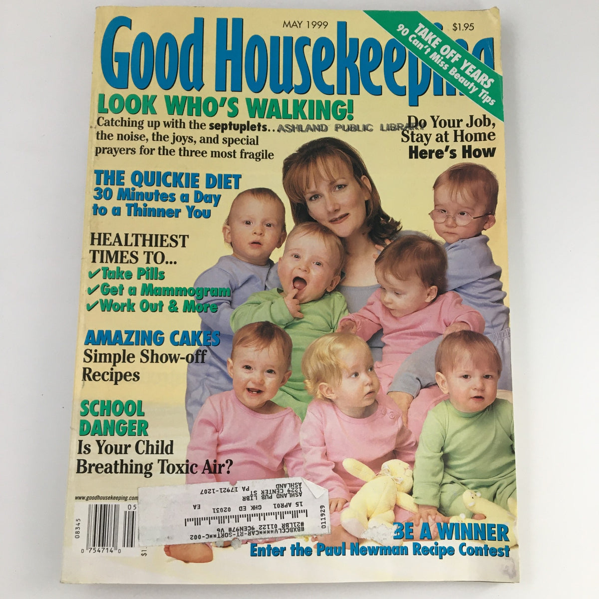 Cover of Good Housekeeping Magazine May 1999 featuring the article 'Bringing Up Babies Tips'. The cover displays a woman with several babies, showcasing topics like dieting, health tips, and concerns about children's safety.