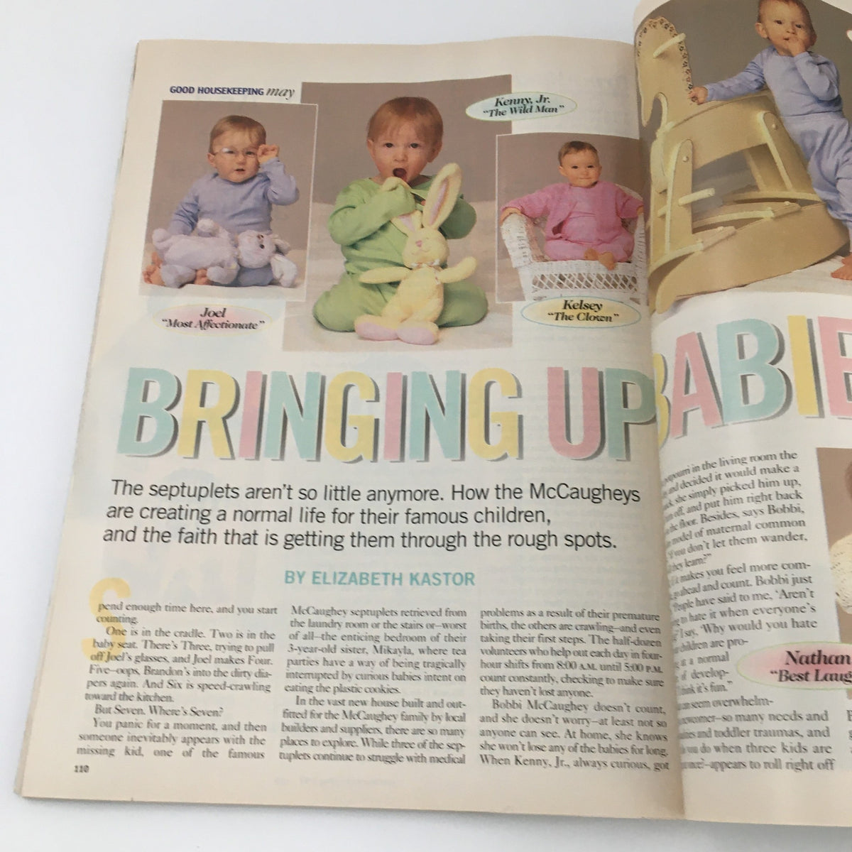 Good Housekeeping Magazine May 1999 cover featuring three babies with playful captions: Joel, Kenny Jr., and Kelsey, along with the article title 'Bringing Up Babies' highlighting parenting tips.