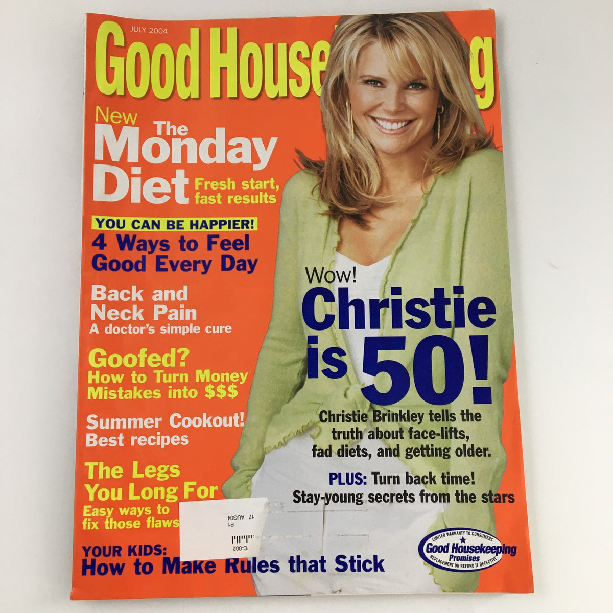 Good Housekeeping Magazine July 2004 featuring model Christie Brinkley on the cover, showcasing lifestyle articles, health tips, and fashion trends from the early 2000s.