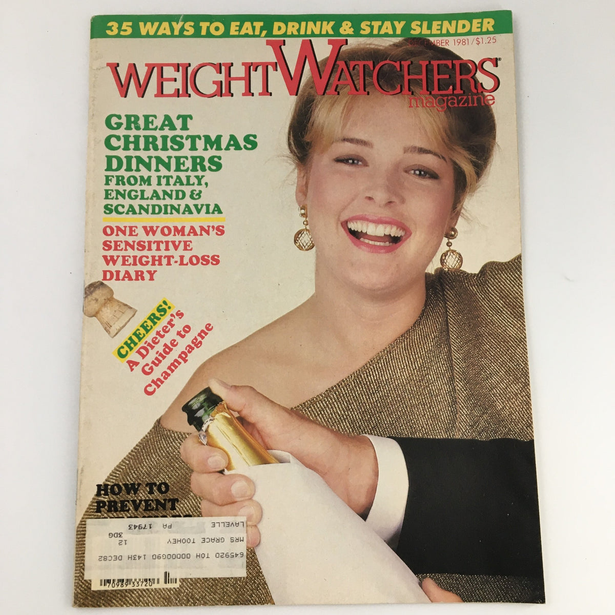Cover of VTG Weight Watchers Magazine September 1981, featuring 'A Dieter's Guide to Champagne,' displaying a woman smiling while uncorking a champagne bottle, highlighting articles about diet culture and festive dining.