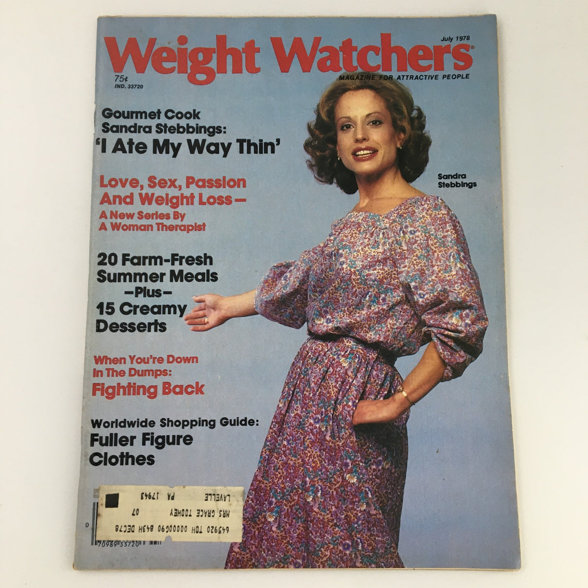 Cover of VTG Weight Watchers Magazine July 1978 featuring Sandra Stebbings, highlighting articles on health trends, gourmet cooking, and lifestyle tips.