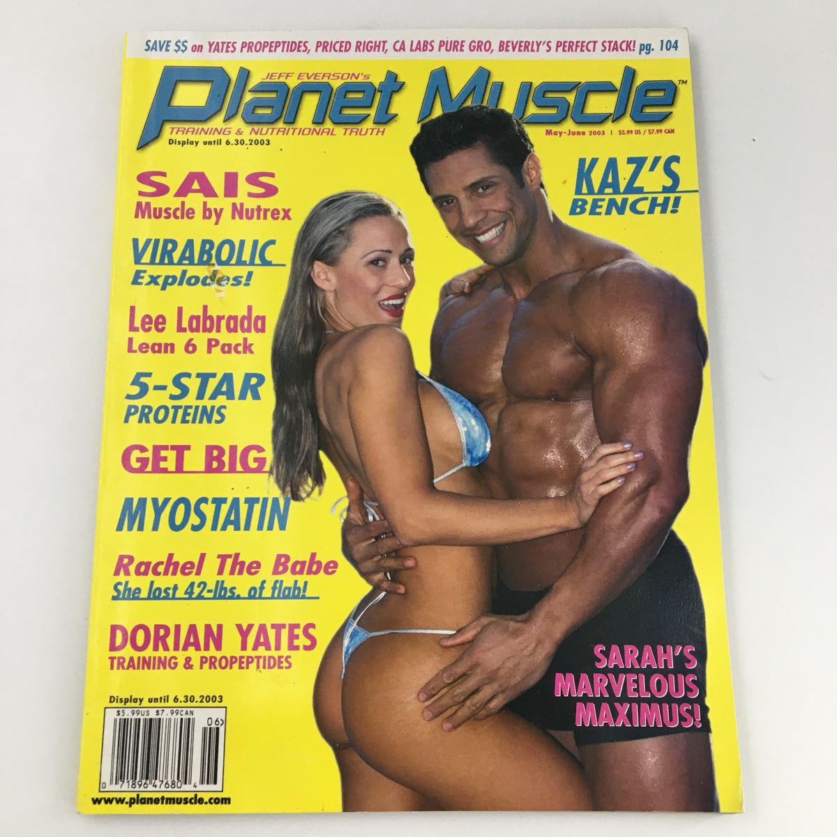 Cover of Planet Muscle Magazine May June 2003 featuring Sarah Orbanic and a male fitness model, showcasing fitness trends and news from the early 2000s.