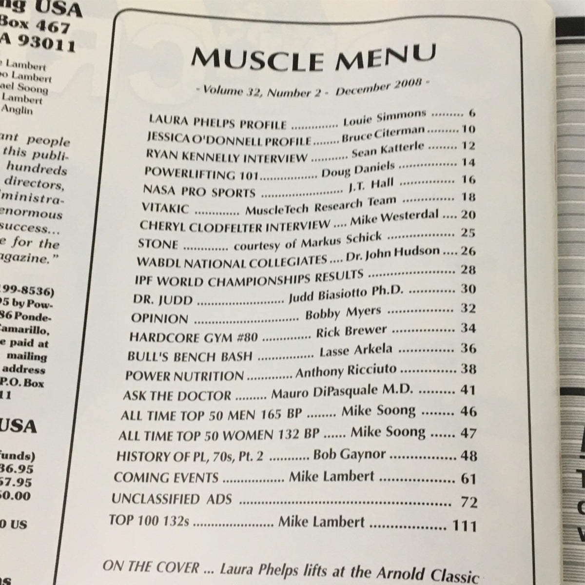 Interior page of Powerlifting USA Magazine December 2008 Vol 32 #2, listing articles including profiles and interviews related to strength sports.
