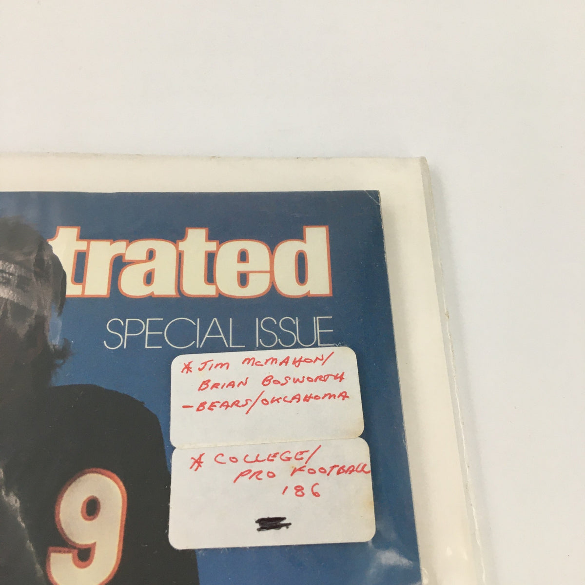 Close-up of the cover of Sports Illustrated Magazine September 3, 1986, Volume 65, No. 10, highlighting the names Jim McMahon and Brian Bosworth with special issue labels.
