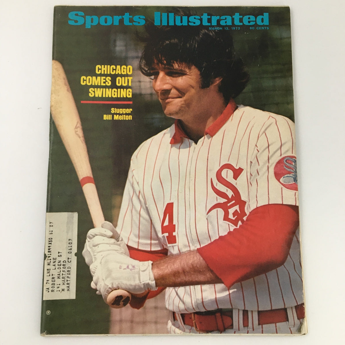 Cover of Sports Illustrated magazine from March 12, 1973 featuring MLB Chicago's Slugger Bill Melton, showcasing him in a white and red striped jersey with a bat.
