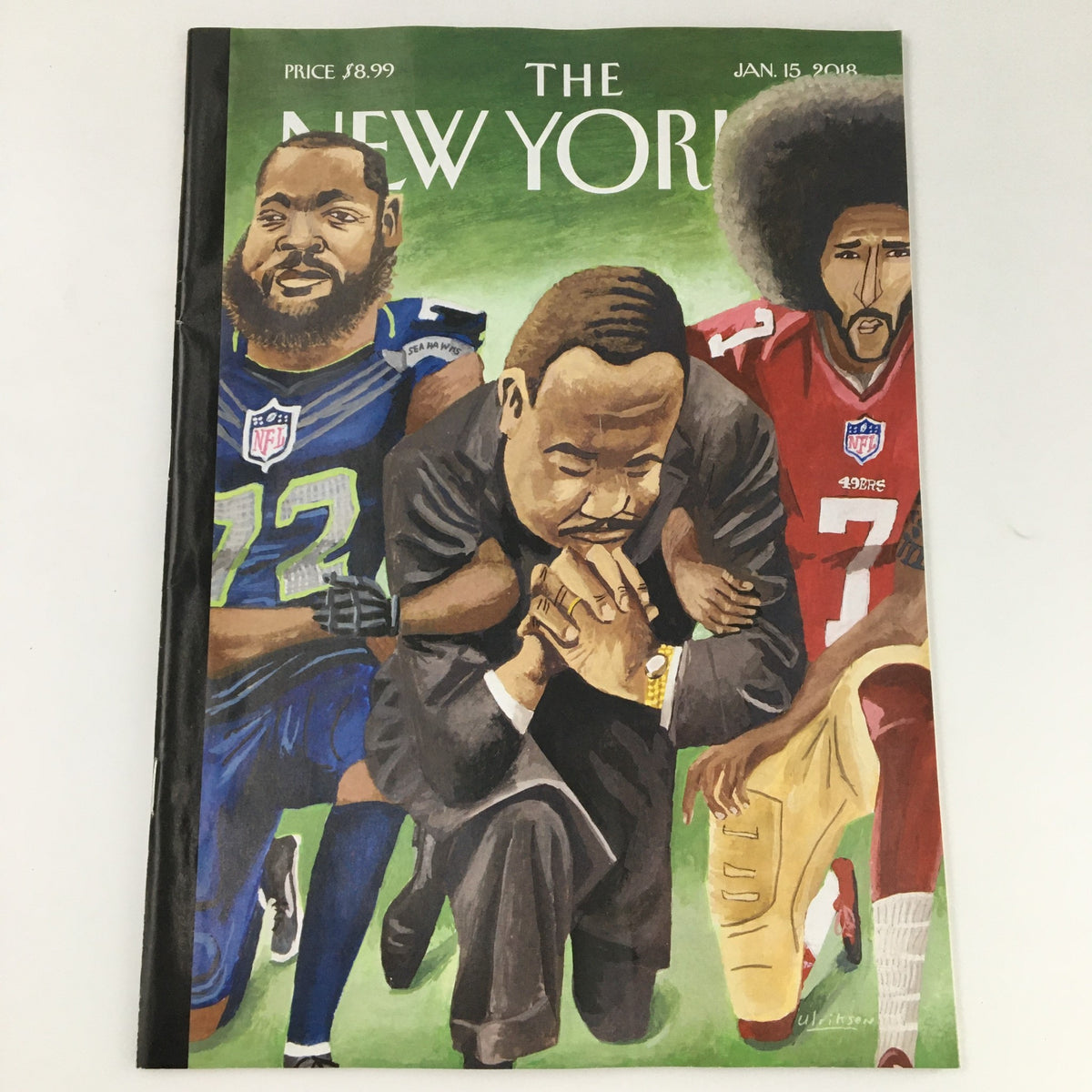 The New Yorker January 15 2018 Full Magazine Theme Cover designed by Mark Ulriksen, featuring an illustration of notable figures including a football player kneeling and a civil rights leader, capturing themes of social justice and cultural commentary.
