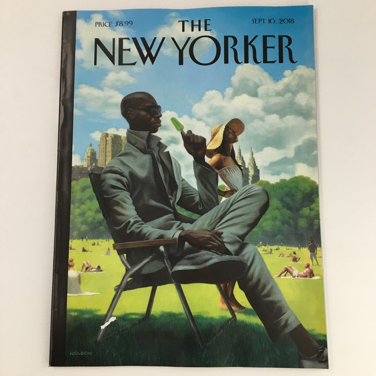 The New Yorker September 10 2018 Full Magazine Theme Cover by Kadir Nelson, featuring a serene park scene with a well-dressed man enjoying an ice cream, embodying cultural significance and artistic excellence.