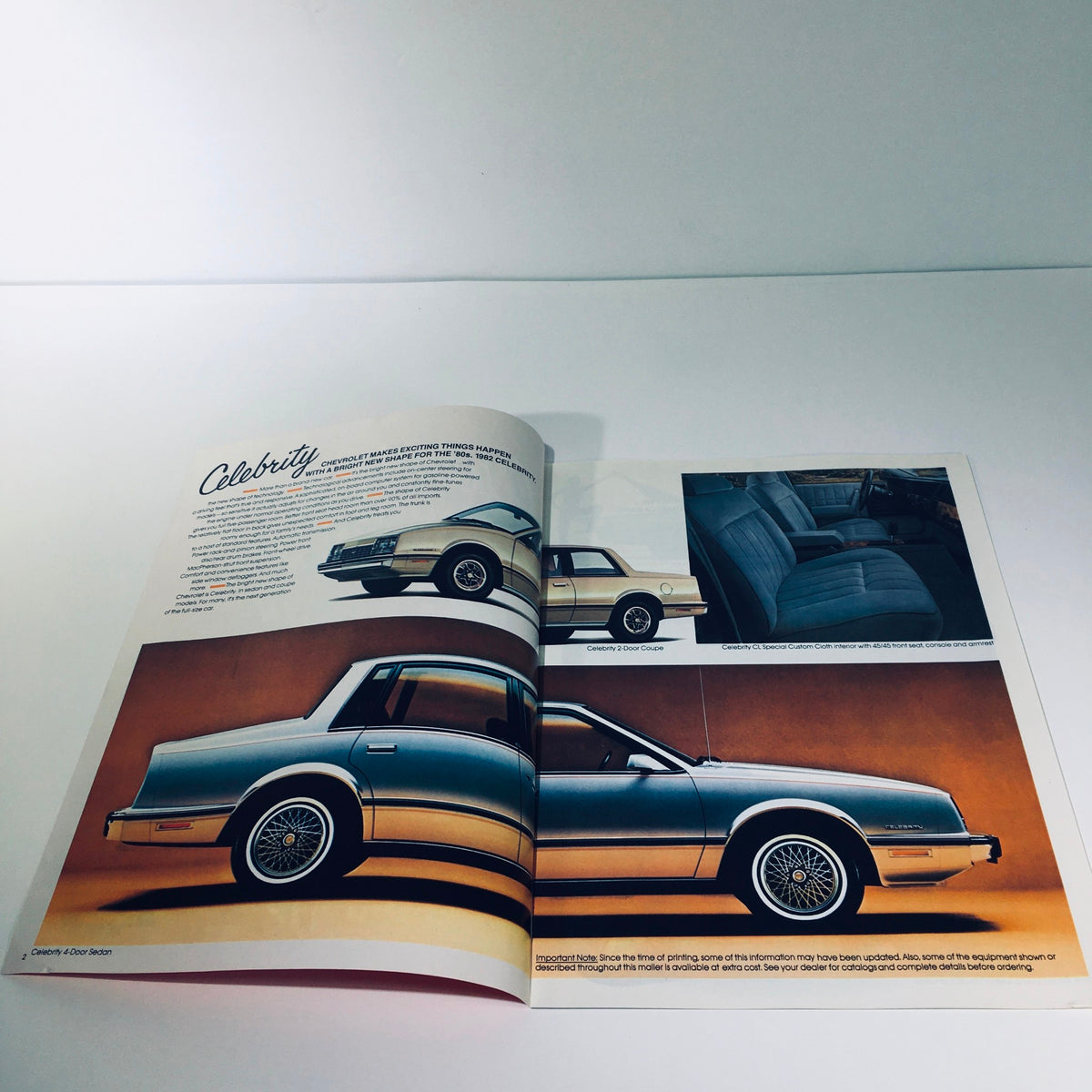 Interior page of the 1982 Chevrolet Celebrity brochure presenting detailed images and descriptions of the Celebrity model, highlighting its design, features, and styling for vintage car enthusiasts.