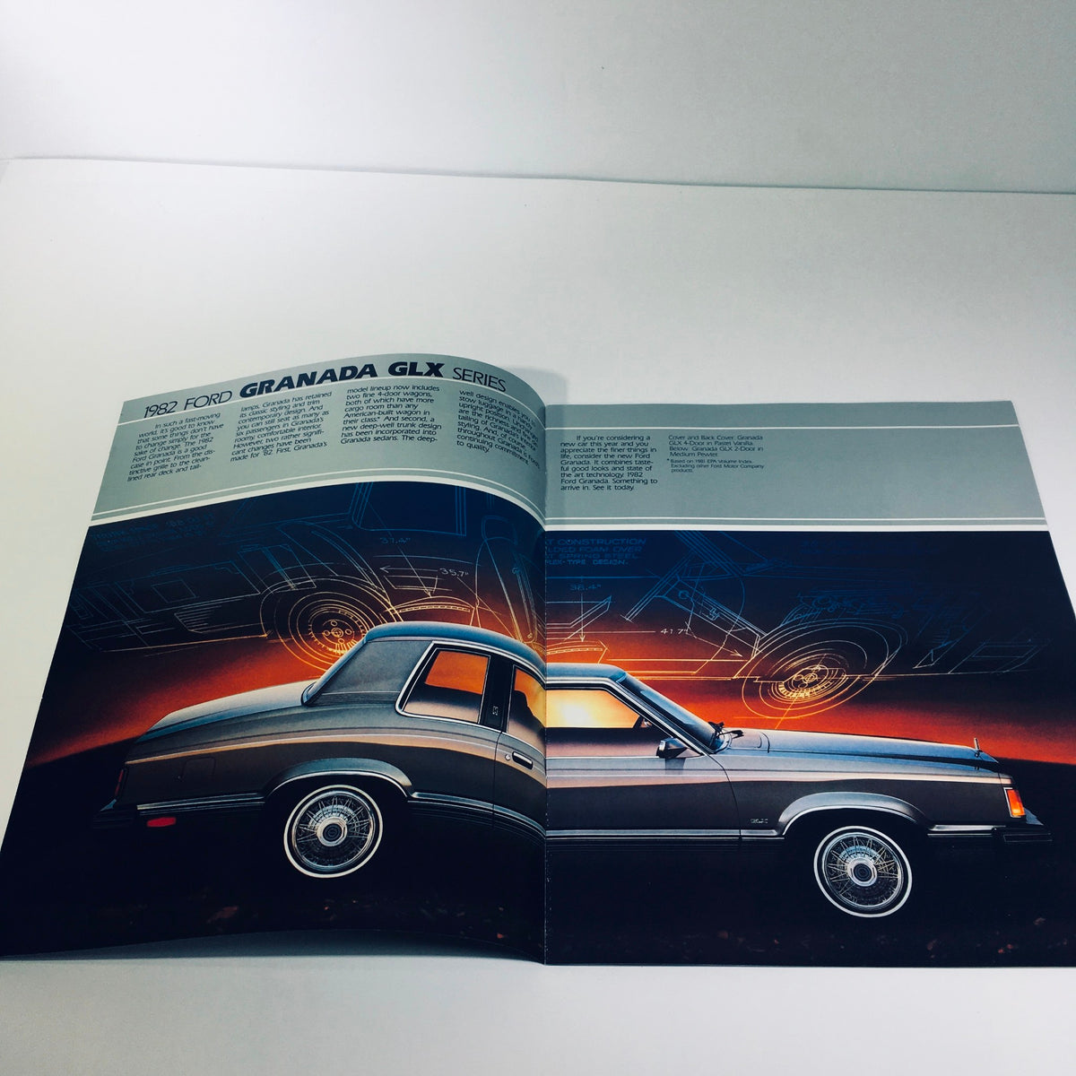 Interior view of the 1982 Ford Granada GLX Series car sales brochure showcasing detailed illustrations and specifications.