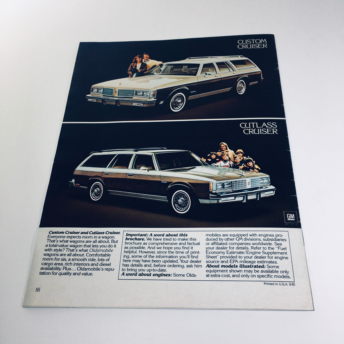 1982 Oldsmobile Cutlass Ciera, Supreme, Omega, Cruiser 9-81 Car Sales Brochure highlighting the Custom Cruiser and Cutlass Cruiser models with family-oriented designs.