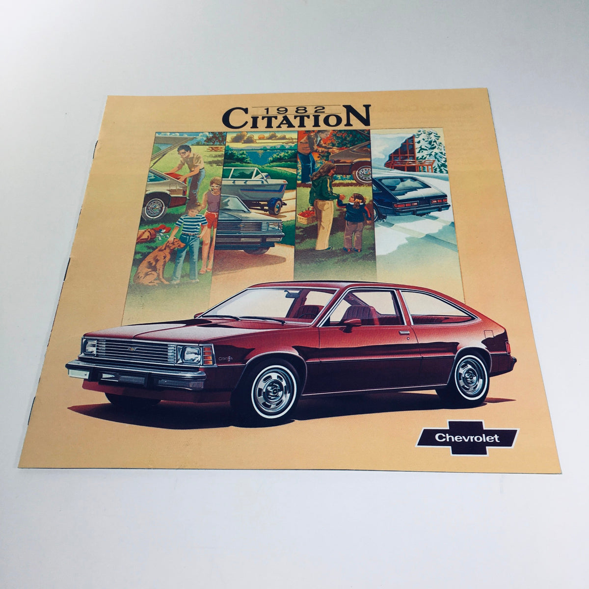 1982 Chevrolet Citation 4-Door Hatchback Sedan featured in August 1981 car sales brochure cover, showcasing the vehicle in a vibrant illustrated background.