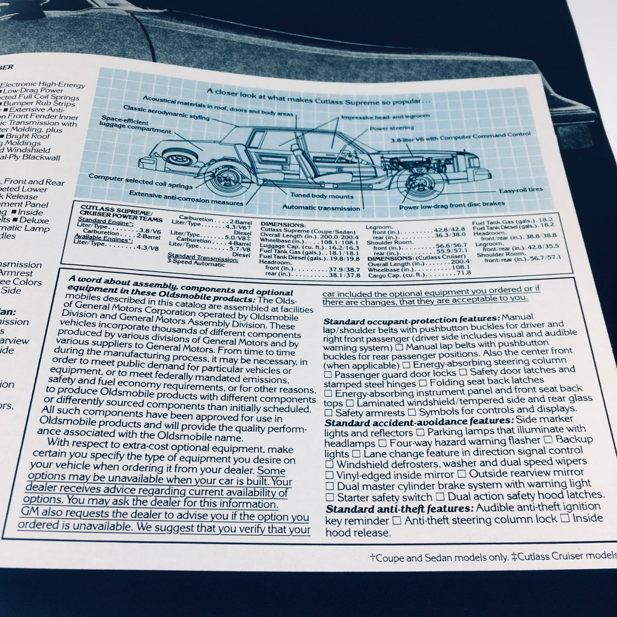 Detailed view of the specifications and features of the 1982 Oldsmobile Cutlass Supreme from the sales brochure, showcasing technical information and design highlights.