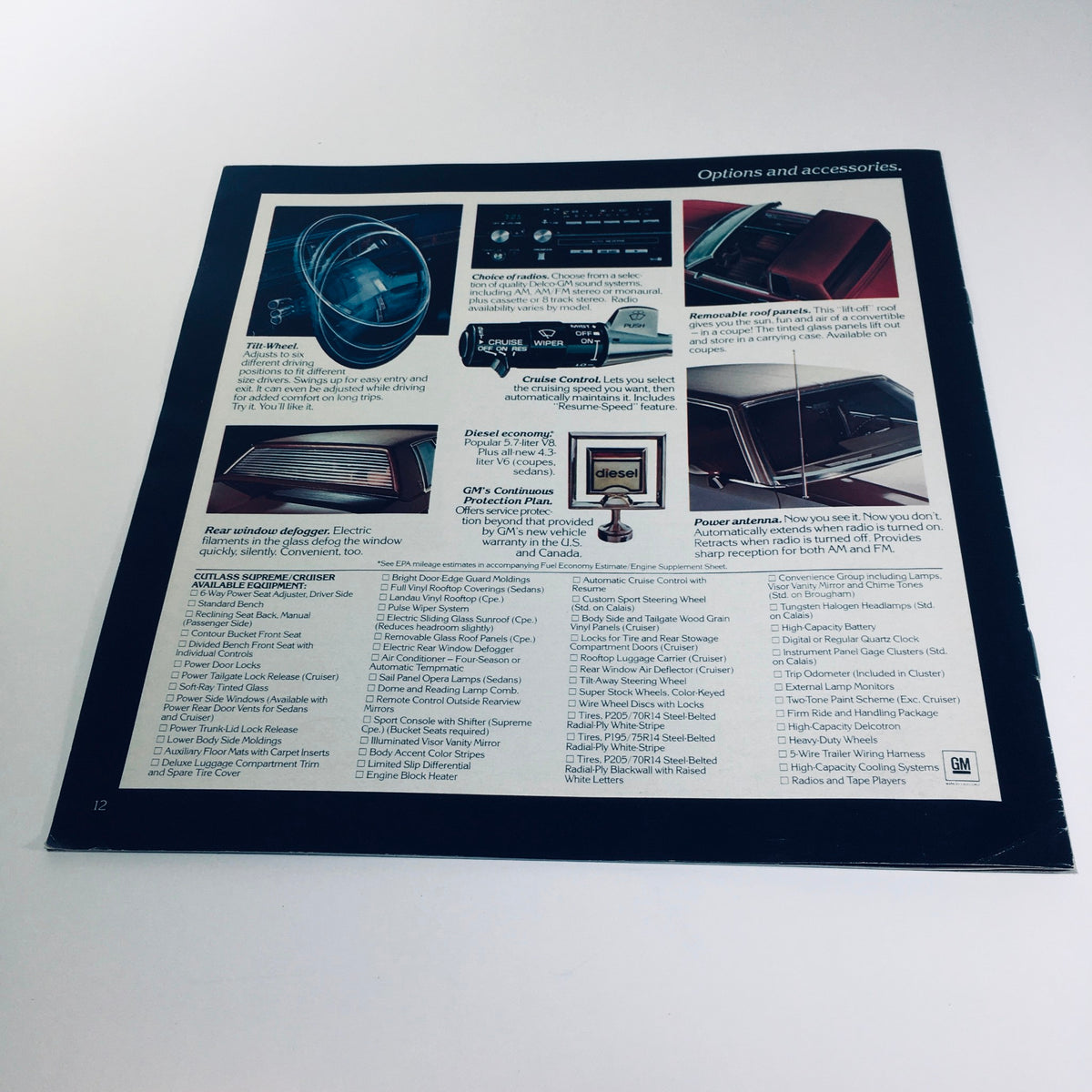 Back cover of the 1982 Oldsmobile Cutlass Supreme & Cutlass Cruiser sales brochure featuring options and accessories available for the models, with an informative layout.