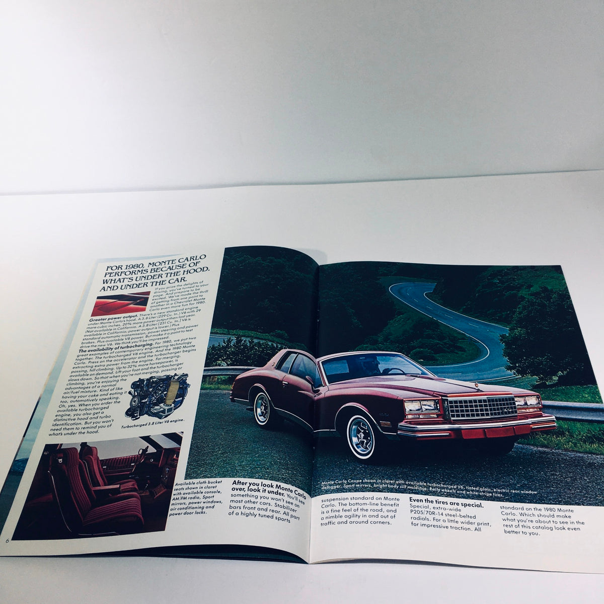 Another inside view of the 1980 Chevrolet Monte Carlo Turbocharge V6 brochure detailing the car's outstanding performance and specifications with vibrant visuals.