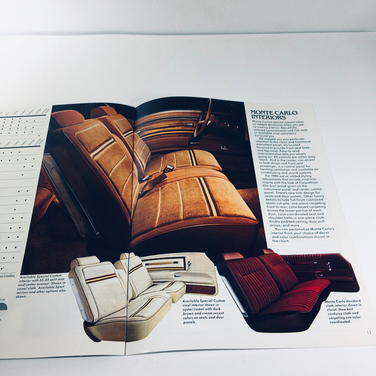 Detailed interior layout from the 1980 Chevrolet Monte Carlo Turbocharge V6 brochure showcasing luxurious seating options and interior design elements.