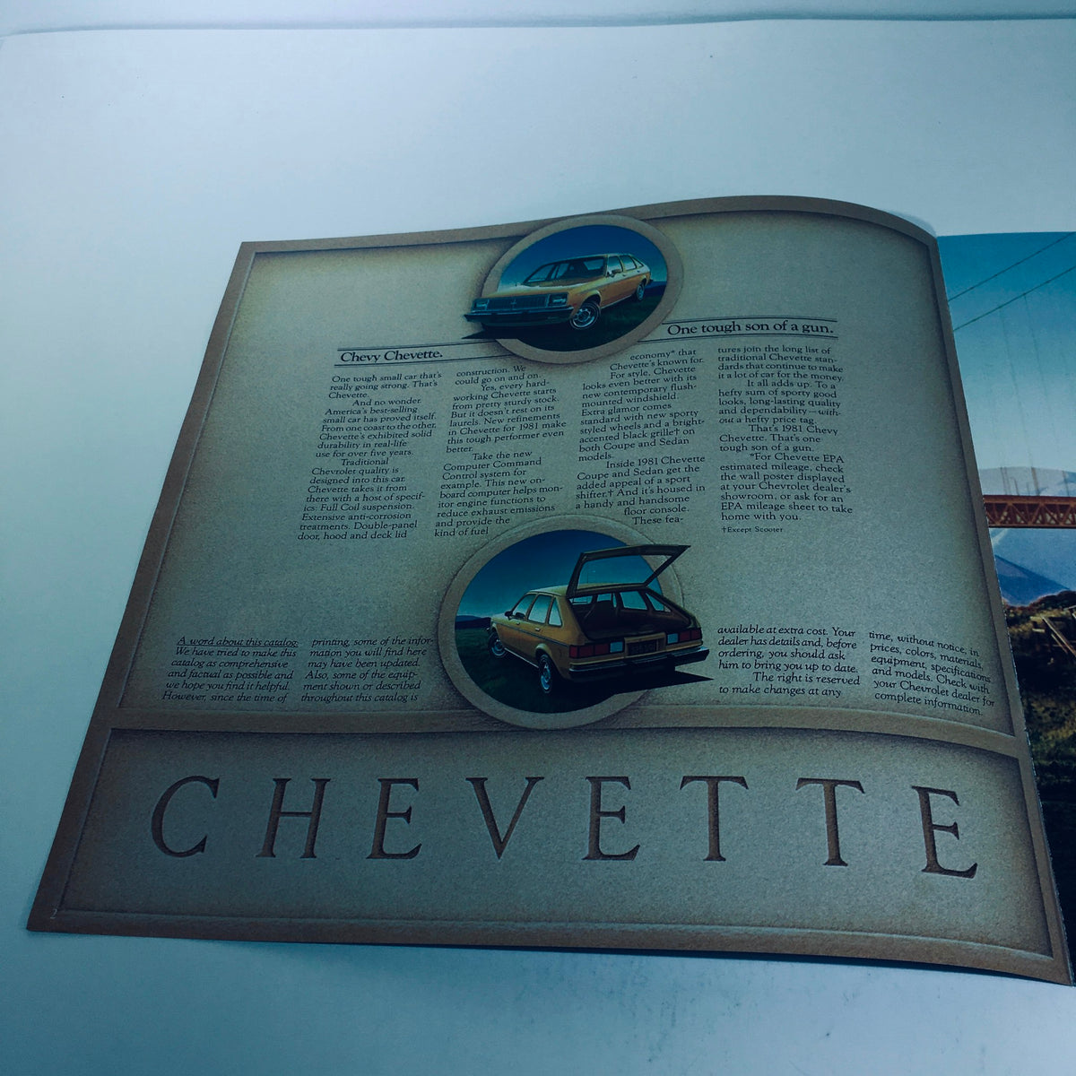 1981 Chevrolet Chevette 2-Door Hatchback Coupe Full Coil Suspension Car Brochure showcasing the Chevette model with informative text and images of the vehicle.