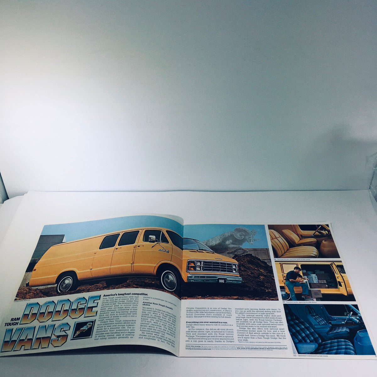 Interior spread of the 1981 Ram Tough Dodge Truck Vans B150 B250 B350 V-8 Power Car Sale Brochure showcasing a yellow Dodge van and detailed interior features.