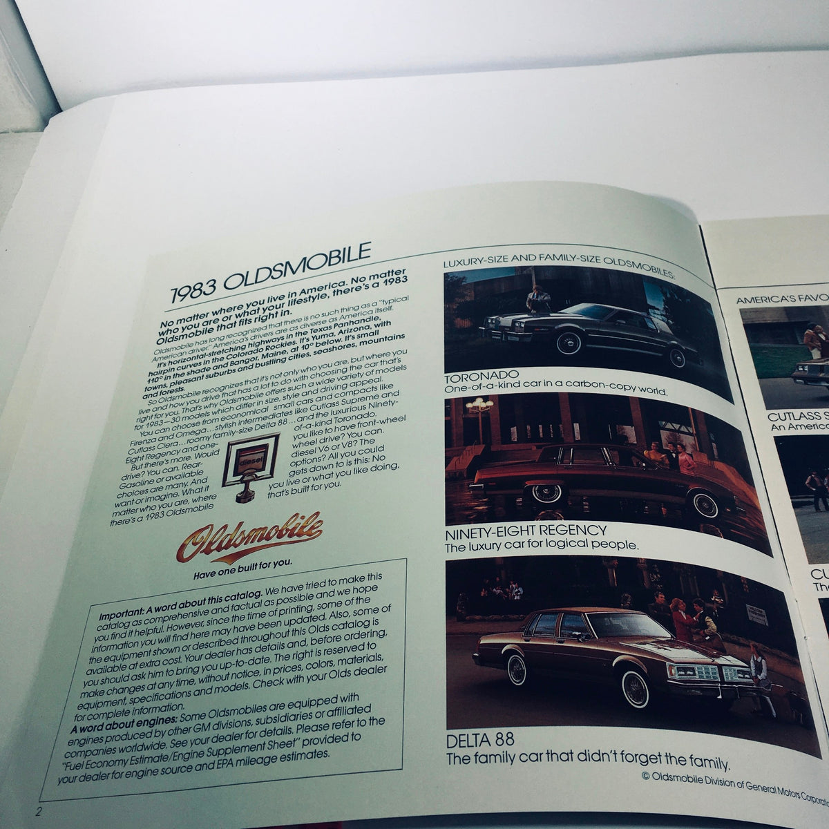 Inside page of the 1983 Oldsmobile Cutlass Ciera, Supreme & Cruiser (110 Cid) L4 EFI Car Brochure highlighting the Oldsmobile brand and its car models.
