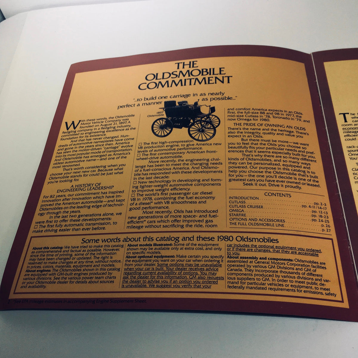 Inside view of the 1980 Oldsmobile Cutlass brochure showcasing the Oldsmobile commitment to quality and craftsmanship.