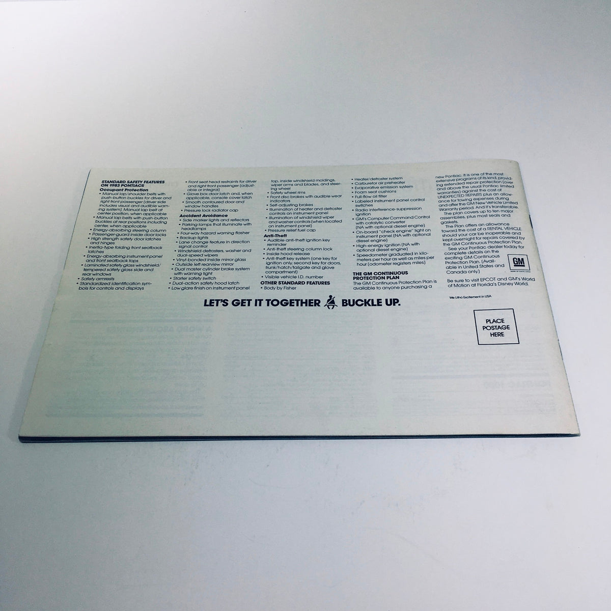 Back cover of the 1983 Pontiac 6000 brochure listing standard safety features and specifications.