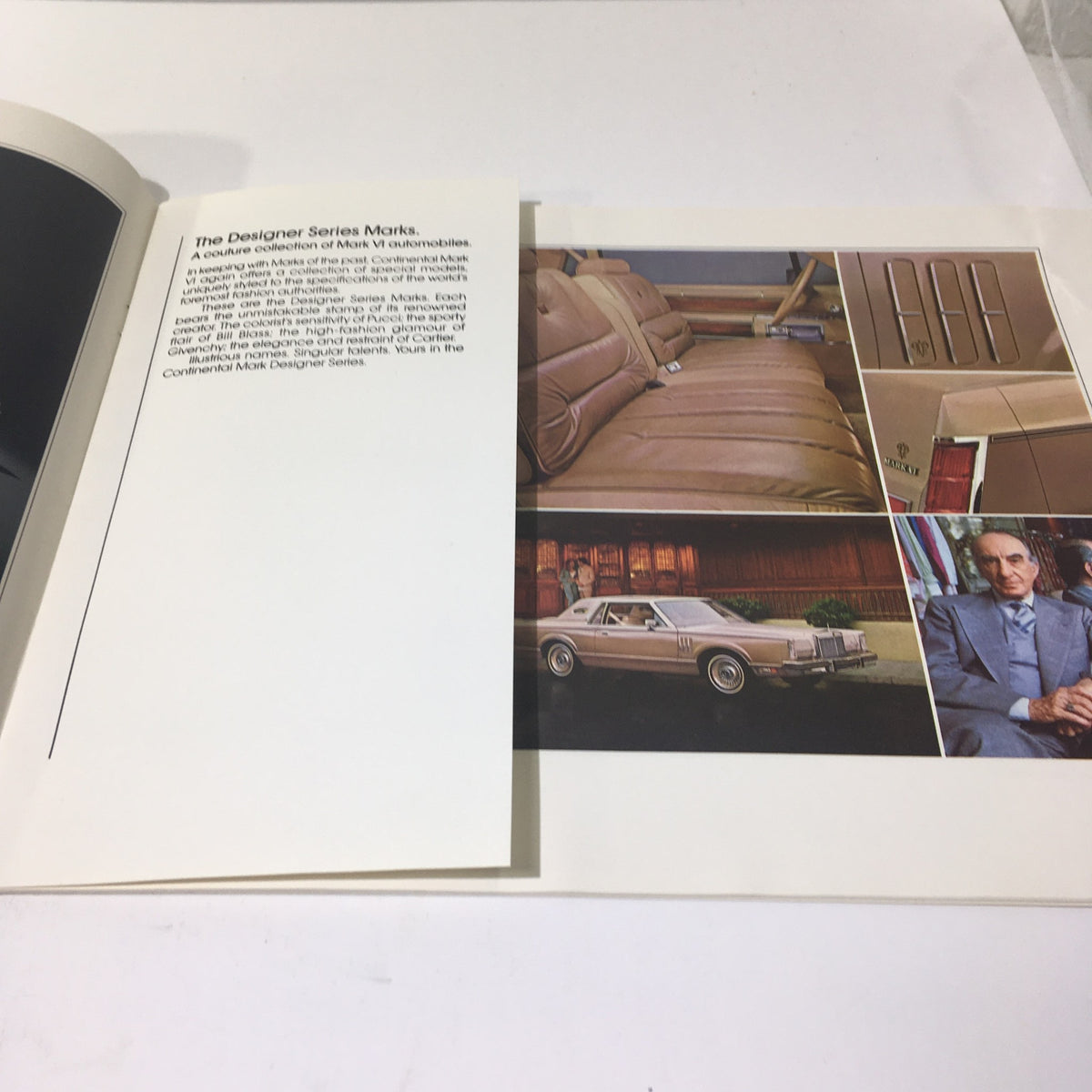 Interior page of the 1980 Pucci Designer Continental Series Mark VI Car Sale Brochure showing images of luxurious interiors and the designer.
