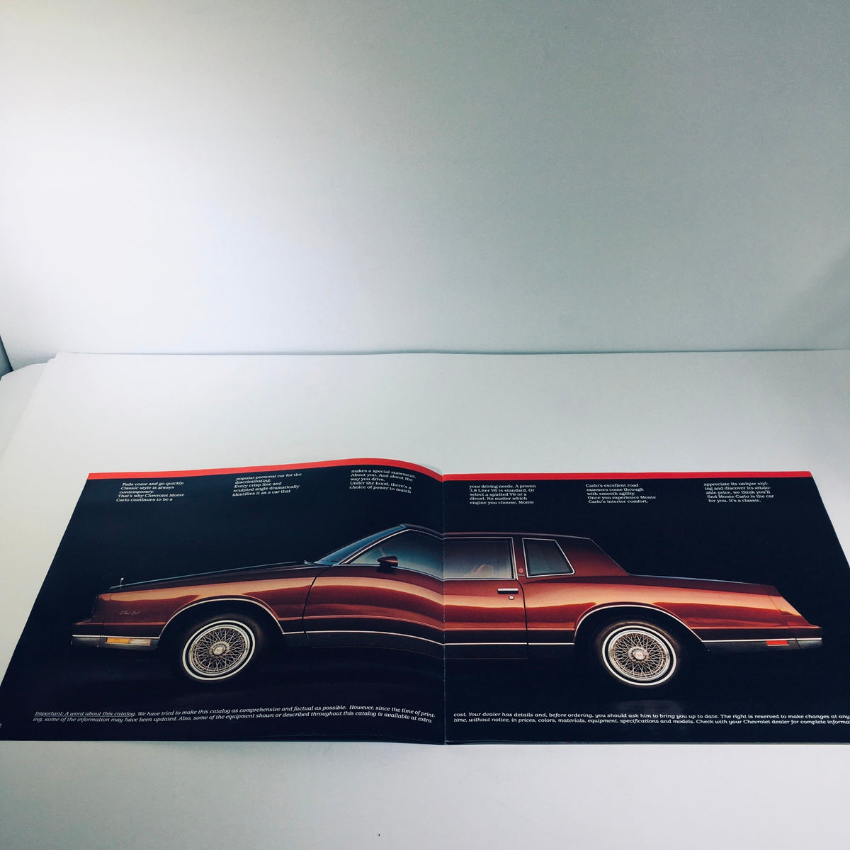 1983 Chevrolet Monte Carlo V6 or V8 Engine Full Coil Suspension Car Brochure inside view showcasing a side angle of the Monte Carlo in a copper color.