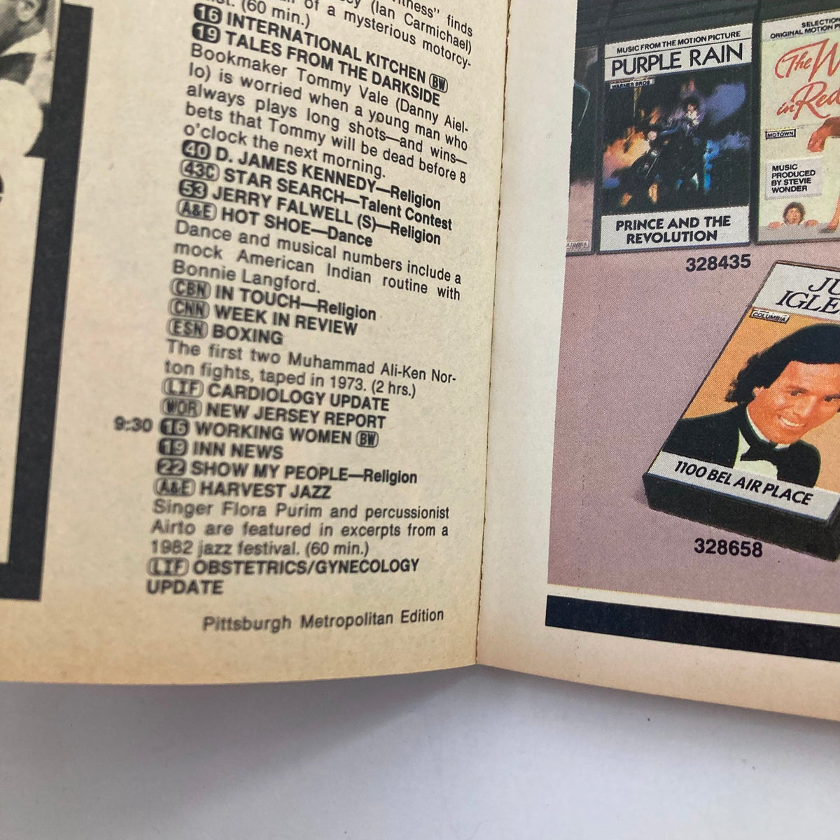Interior view of TV Guide Magazine dated January 12, 1985 featuring various scheduled programs including 'Tales from the Darkside,' 'Working Women,' and the Pittsburgh Metropolitan Edition's lineup.