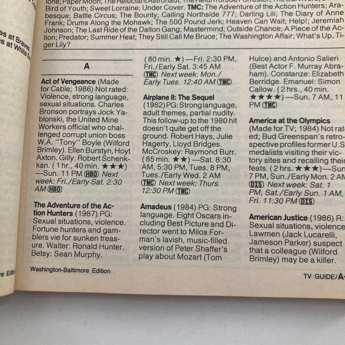 Inside content of TV Guide Magazine July 2 1988, Washington-Baltimore Edition, displaying movie listings and television programming information from that time period.