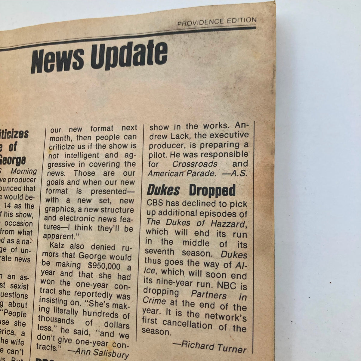 News update page from TV Guide Magazine December 15 1984 discussing cancellations, including The Dukes of Hazzard and ongoing television shows.