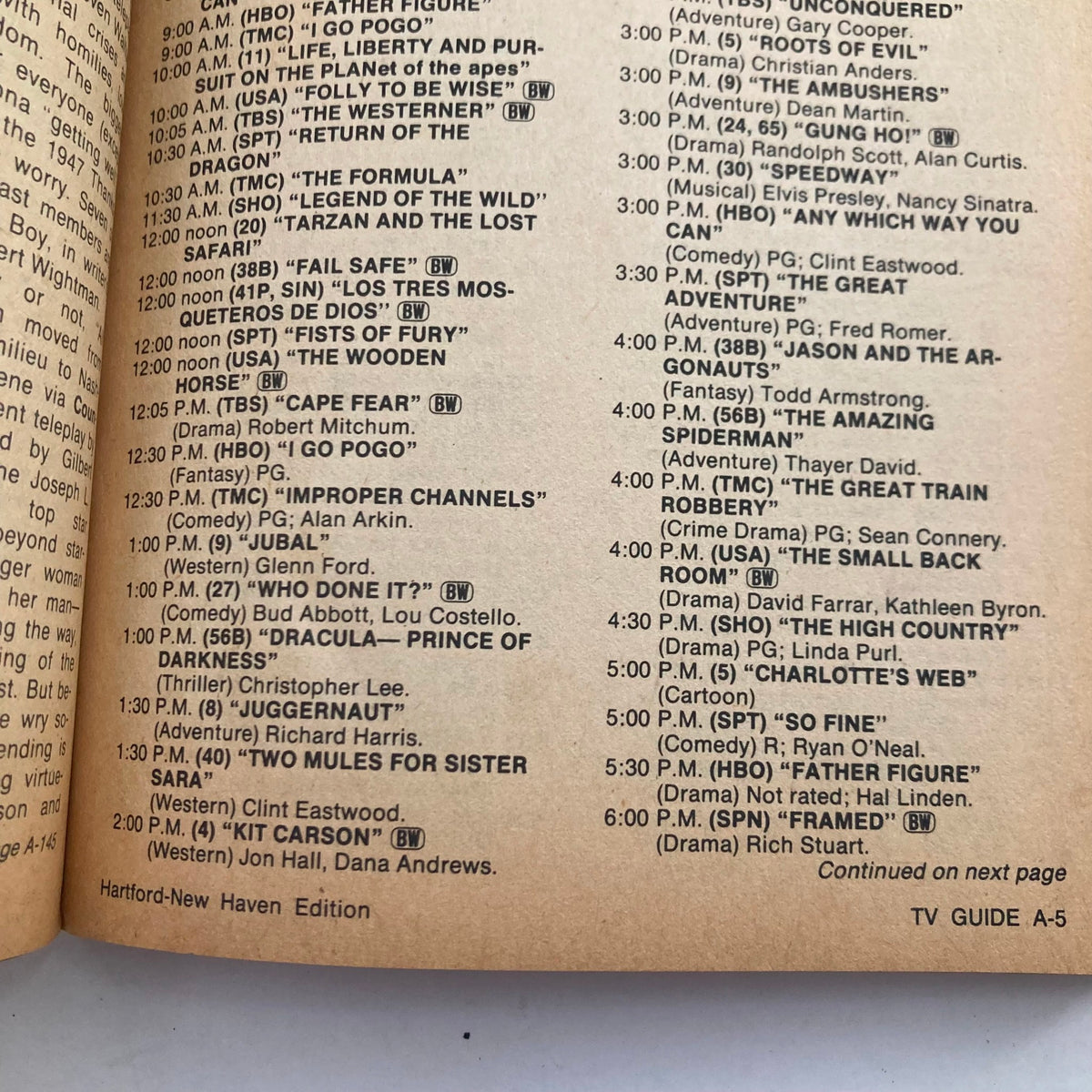 Inside page of TV Guide Magazine from November 20, 1982 showing television listings and schedules. Includes programming details for various channels, part of the Hartford-New Haven edition.